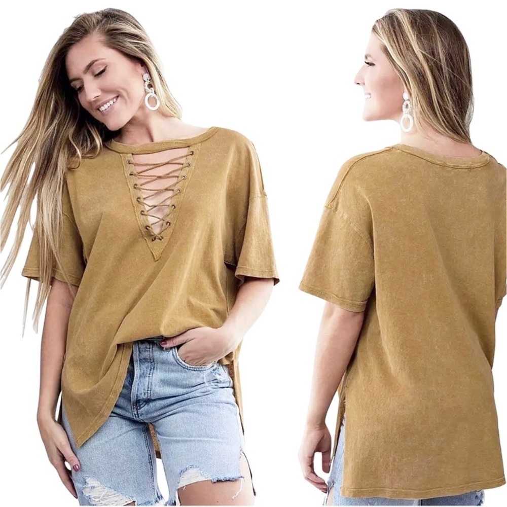Free People We The Free oversize slouchy mustard azalea lace up short sleeve Tee